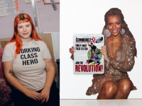 Eleanna Chapman, who has long pink hair and wears a white tshirt with 'Working Class Hero' in bold letters on the front alongside her artwork depicting a photo of Beyonce holding up a rhinestone-laden image of 'The Communist' magazine 