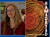 A book cover showing a close-up illustration of the rings of a tree, alongside a photo of Lorna Robinson
