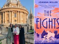 Side by side images of the cover of The Eights, and three women standing in front of Oxford's Radcliffe Camera holding a copy of the book