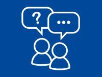 A blue background with a white graphic showing an outline of two people with speech bubbles signifying someone asking questions