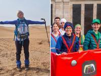 "Jackie Scully smiling with arms outstretched in a desert landscape during a trek, wearing NHS charity gear and hiking poles, alongside a group photo of her with teammates in costume preparing for a charity event dressed as a red London bus"