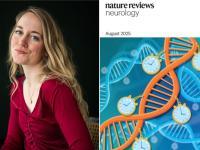 Portrait of Dr Eleanor Conole, LMH Junior Research Fellow in Applied AI, next to the August 2025 cover of Nature Reviews Neurology, which features an illustration of DNA strands decorated with pocket-watch style clocks, symbolising epigenetic clocks and ageing