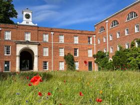 Photo of LMH's Talbot quad with a spiral of wildflowers and grass