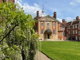 A view of LMH's Talbot building through the hanging green and white branches of a wisteria plant