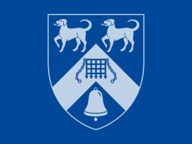A blue background with a grey-ed out LMH crest which features two dogs, a chevron with a portcullis and a bell