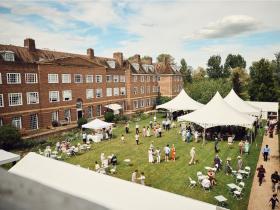 A birds eye view of the marquees on the Fellows Lawn