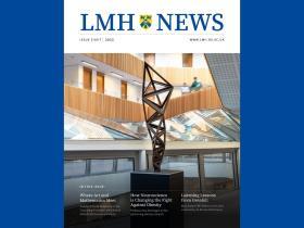 The cover of the 2025 edition of LMH News magazine, which has a white background with blue writing and a striking image of a geometric metal sculpture standing in a modern atrium with wood panneling