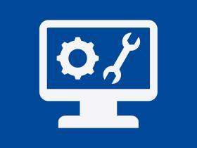 A blue background with a white outline of a computer screen, with a cog and a spanner