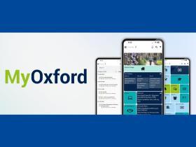 A graphic advertising the MyOxford App, showing the app displayed on a variety of mobile devices