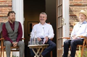 Photo of Samuel West, Professor Stephen Blyth and Dr Ben Higgins sitting on chairs having a conversation