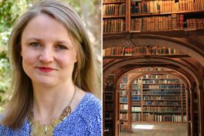 Headshot of Professor Marion Turner, who has long brown hair and is wearing a statement necklace and blue and white patterned top. Next to her is an image of the inside of one of Oxford's old university library buildings