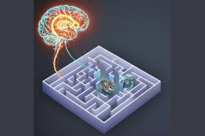 An AI-generated graphic showing a lit-up brain wired into a maze with a mouse in it