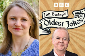 Professor Marion Turner alongside a screenshot of the advert for Ian Hislop's BBC Radio 4 series 'Ian Hislop's Oldest Jokes'
