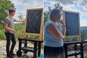 Side by side photos of two academics working out mathematical problems on a blackboard