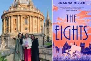 Side by side images of the cover of The Eights, and three women standing in front of Oxford's Radcliffe Camera holding a copy of the book