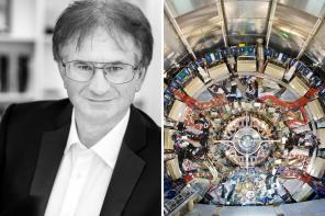 Black and white photo of Professor Todd Huffman, alongside a photo of the inside of the CERN large hadron collider