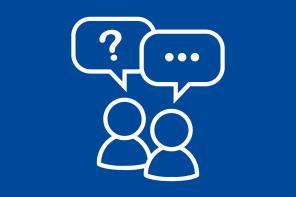 A blue background with a white graphic showing an outline of two people with speech bubbles signifying someone asking questions