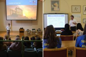 Side by side photos of a group of around 20 students sitting and listening to lectures during an LMH Taster Day