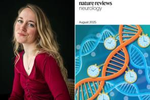 Portrait of Dr Eleanor Conole, LMH Junior Research Fellow in Applied AI, next to the August 2025 cover of Nature Reviews Neurology, which features an illustration of DNA strands decorated with pocket-watch style clocks, symbolising epigenetic clocks and ageing