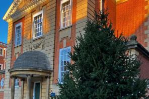 A large christmas tree with subtle blue lights standing in front of an imposing red brick building