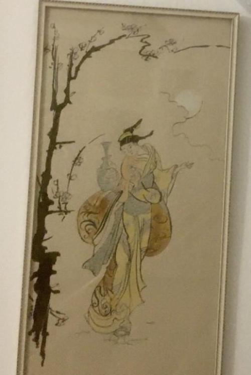 A japanese-style painting depicting a young woman under a tree