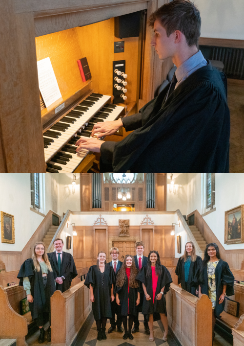 A picture of an Organ Scholar playing the piano above a picture of the Choral Scholars