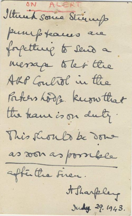 A 1943 letter warns LMH Oxford students in the water pump teams to warn the lodge when on duty.