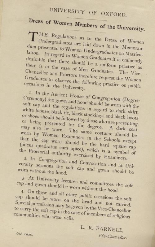 Women academic dress notice from 1920, from the LMH archives