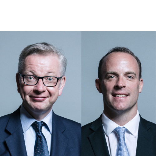 Head shots of Michael Gove and Dominic Raab, two men in suits, with blue ties, smiling at camera