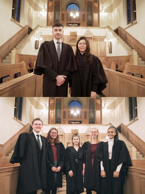 A picture split in two. The top half show the two LMH Organ Scholars standing next to each other in the Chapel. The bottom half shows the LMH Choir Scholars standing next to each other in the Chapel.