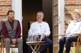 Photo of Samuel West, Professor Stephen Blyth and Dr Ben Higgins sitting on chairs having a conversation