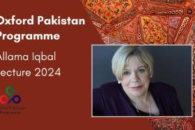 Photo of Karen Armstrong, who has short blonde hair, with the text: Oxford Pakistan Programme, Allama Iqbal Lecture 2024