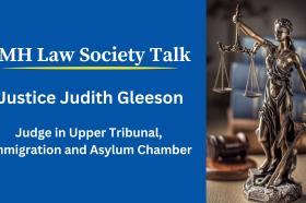 Photo of a statue of lady justice with the text: LMH Law Society Talk Justice Judith Gleeson
