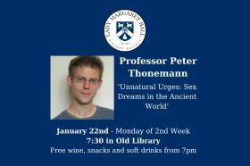 Photo of Professor Peter Thonemann advertising an event for the LMH History Society