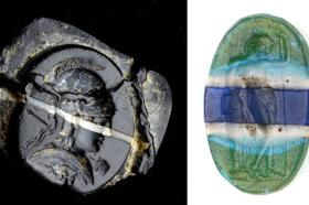 Side by side images of two items from a 'Rediscovered Gems' exhibition, which showcases gemstones with carvings of figures from classical history