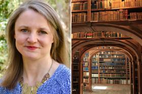 Headshot of Professor Marion Turner, who has long brown hair and is wearing a statement necklace and blue and white patterned top. Next to her is an image of the inside of one of Oxford's old university library buildings