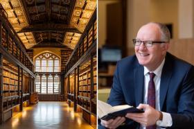 Split image showing: (left) the ornate interior of Duke Humfrey’s Library in Oxford, with wooden bookshelves and a richly decorated ceiling; (right) Richard Ovenden, smiling, wearing a navy suit and patterned tie, holding an open book.