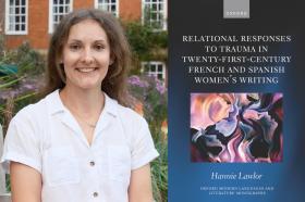 Dr Hannie Lawlor, who has long dark brown hair, alongside the cover of her book: Relational Responses to Trauma in Twenty-First Century French and Spanish Women's Writing