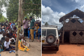 Split image showing a community gathering under trees, with children seated on the ground and adults speaking, alongside a thatched building with a 4x4 vehicle parked outside on red dirt