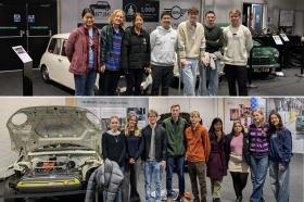 Photos showing groups of students standing in front of Mini cars in the Mini factory in Oxford