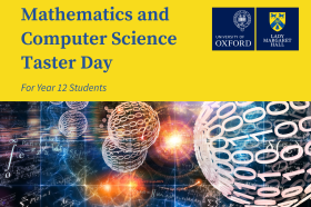 Abstract image showing binary code and mathematical equations with text: Mathematics and Computer Science Taster Day for Year 12 Students