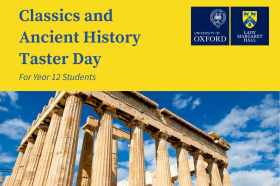 Photo of some ancient stone pillars against a blue sky, with the text: Classics and Ancient History Taster Day for Year 12 Students