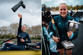 Side by side pictures of Heidi long. On the left, she is sitting in a yellow boat throwing her wellington boot onto the bank. On the right she is standing holding a large silver trophy and a bottle of champagne