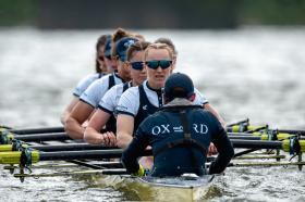 The Oxford women's boat race crew photographed on the water by a following boat
