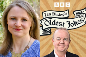 Professor Marion Turner alongside a screenshot of the advert for Ian Hislop's BBC Radio 4 series 'Ian Hislop's Oldest Jokes'