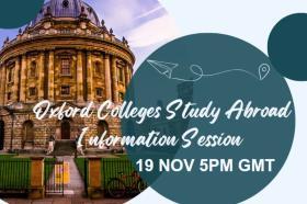 A graphic showing Oxford's Ratcliffe Camera, a round stone building, with the text: Oxford Colleges Study Abroad Information Session 19 Nov 5pm GMT