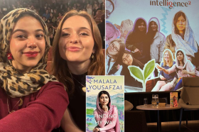 A selfie of two young women at an event, alongside a stage setup with a projected collage of girls and young women and the cover of the book “Finding My Way” by Malala Yousafzai