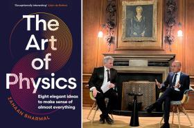 side by side images of the cover of The Art of Physics and a photo of an 'in conversation' event held in a wood panelled room