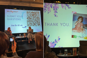 A view from the audience at a Malala Yousafzai event. Malala and Emma Watson can be seen on stage having a conversation