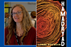 A book cover showing a close-up illustration of the rings of a tree, alongside a photo of Lorna Robinson